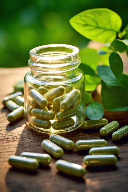 Foto primer plano de la medicina herbal en cápsulas de hojas de hierba en una mesa de madera alimentación saludable con productos naturales para una buena vida