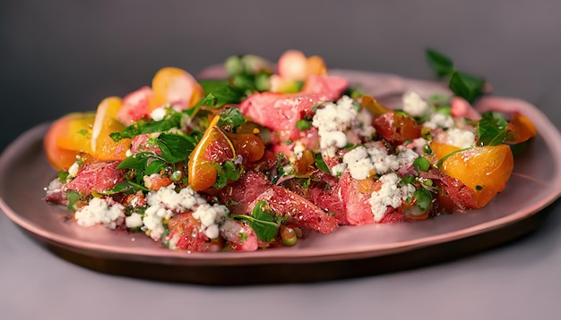 Primer plano medio bistec de ternera cruda con estilo tailandés hierbas aromáticas de ternera