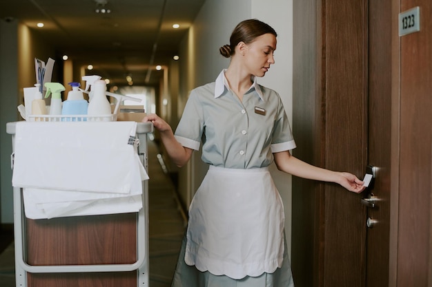 Un primer plano medio de una criada profesional abriendo una habitación de hotel con una tarjeta clave para limpiar la habitación después de los huéspedes