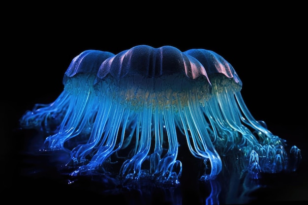 Primer plano de una medusa bioluminiscente que brilla intensamente en las profundidades oscuras creada con ai generativo