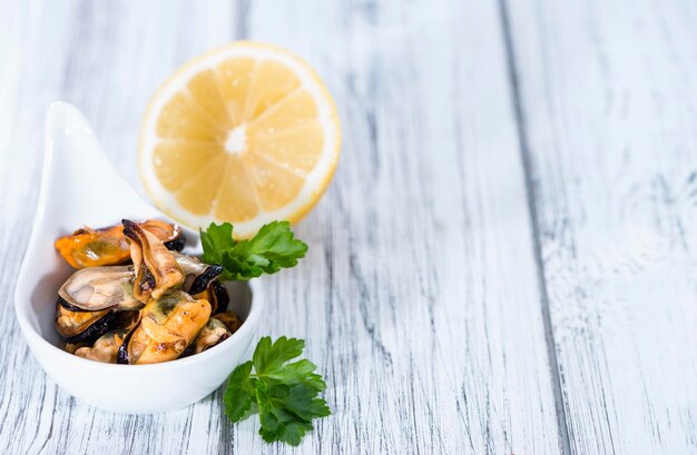 Foto primer plano de mejillones sabrosos