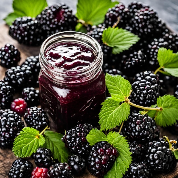 Un primer plano de una mermelada de moras frescas hecha en casa