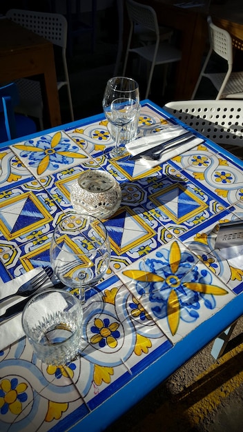 Primer plano de la mesa azul