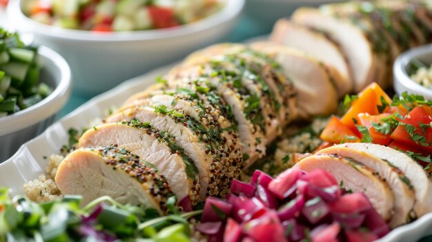 Primer plano de una mesa festiva saludable con hierba de quinoa y pavo