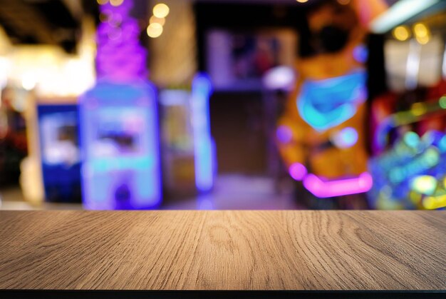 Foto primer plano de una mesa de madera contra luces iluminadas en un restaurante