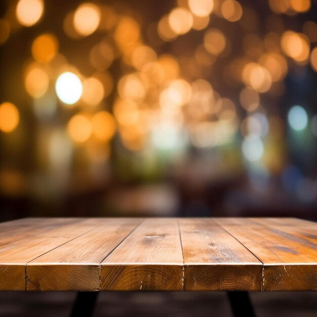 un primer plano de una mesa de madera con un fondo borroso