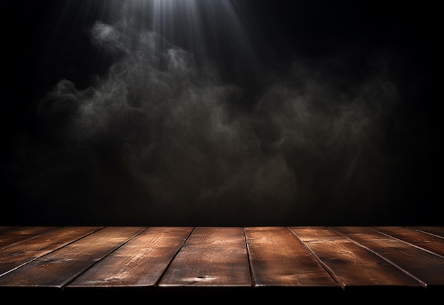 un primer plano de una mesa de madera con una luz que brilla a través del humo ai generativo