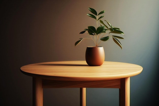primer plano de una mesa de madera con una planta en el fondo de estilo minimalista