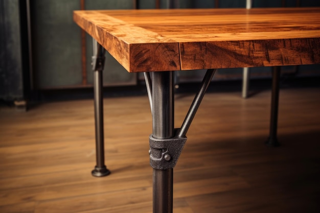 Primer plano de una mesa de madera rústica con patas de acero