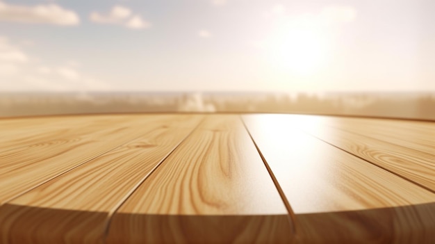 un primer plano de una mesa de madera con un sol de fondo ai generativo