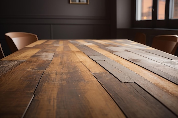 Un primer plano de una mesa de madera vacía lista para la transformación