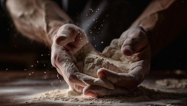 Primer plano de la mezcla manual de masa fresca para pan casero generado por IA