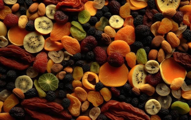 primer plano mezcla seca de frutas y nueces bocadillos saludables textura fondo ai generado