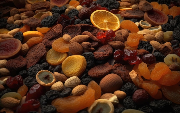 primer plano mezcla seca de frutas y nueces bocadillos saludables textura fondo ai generado