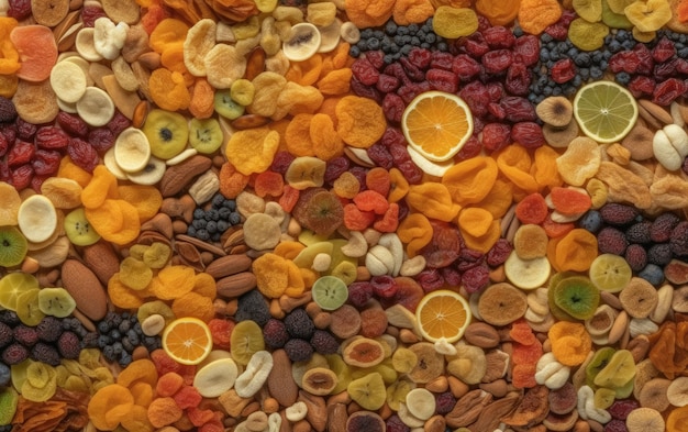 Foto primer plano mezcla seca de frutas y nueces bocadillos saludables textura fondo ai generado