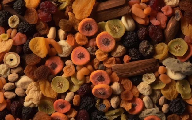 primer plano mezcla seca de frutas y nueces bocadillos saludables textura fondo ai generado