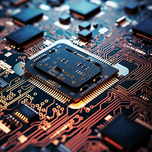 Foto primer plano de un microcircuito de placa de circuitos electrónicos