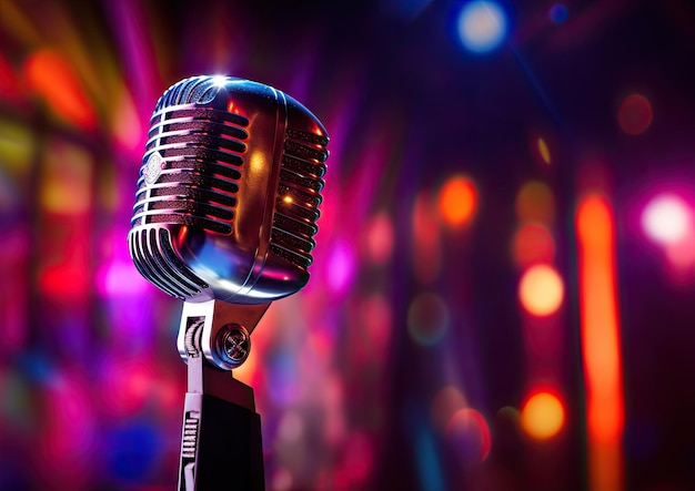 Un primer plano del micrófono de un cantante que captura el reflejo de las luces del escenario en su brillante