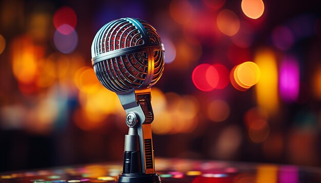 Un primer plano del micrófono en el centro de atención del escenario iluminando la actuación del cantante generada por la inteligencia artificial