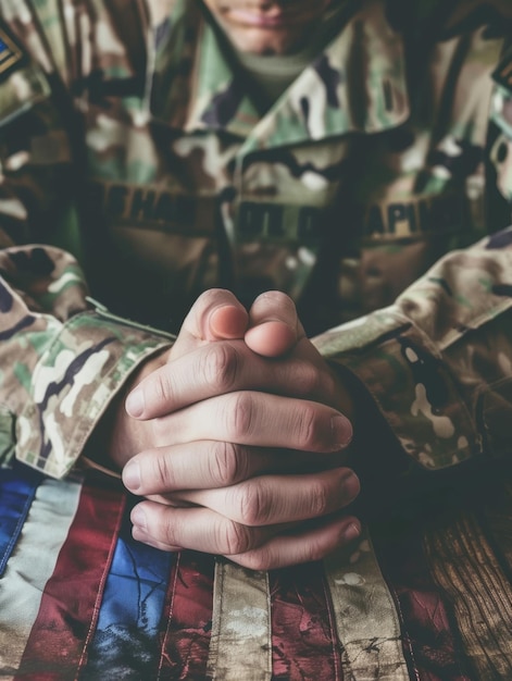 Un primer plano de los miembros del servicio militar manos callosas y desgastadas apretadas en un momento de reflexión tranquila un poderoso símbolo de los sacrificios hechos en el servicio a la nación