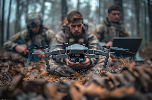 Foto un primer plano de militares con un avión no tripulado