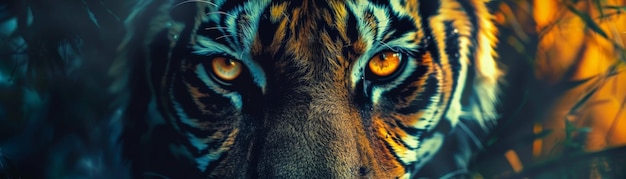 Un primer plano de una mirada intensa de un tigre a través del denso follaje del bosque que muestra su vibrante pelaje naranja y