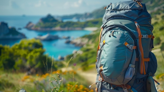 Un primer plano de una mochila con un fondo borroso de una pintoresca ruta de senderismo Se centra en la libertad de la exploración al aire libre y el equipo necesario para la aventura