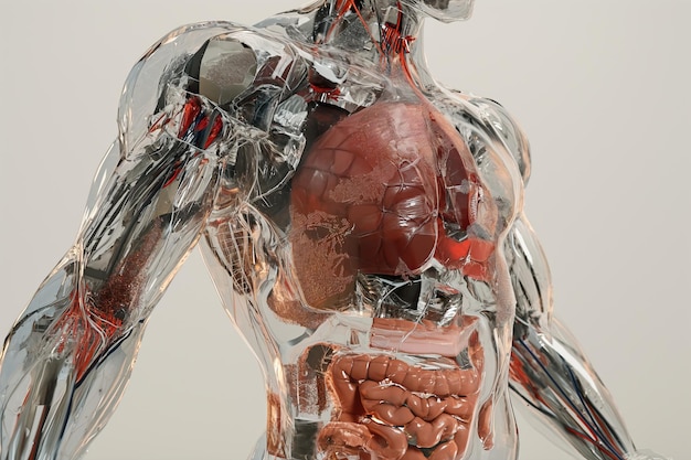 Primer plano de un modelo detallado de anatomía humana con capas transparentes