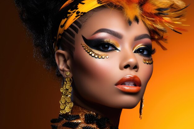 Un primer plano de una modelo de moda que muestra maquillaje intrincado y accesorios audaces IA generativa