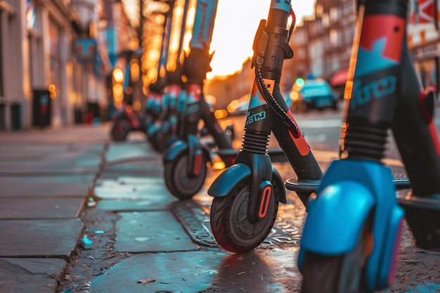 un primer plano de los modernos scooters eléctricos de alquiler en la calle de la ciudad