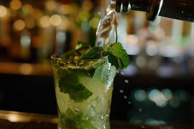 Un primer plano de un mojito adornado con hojas de menta