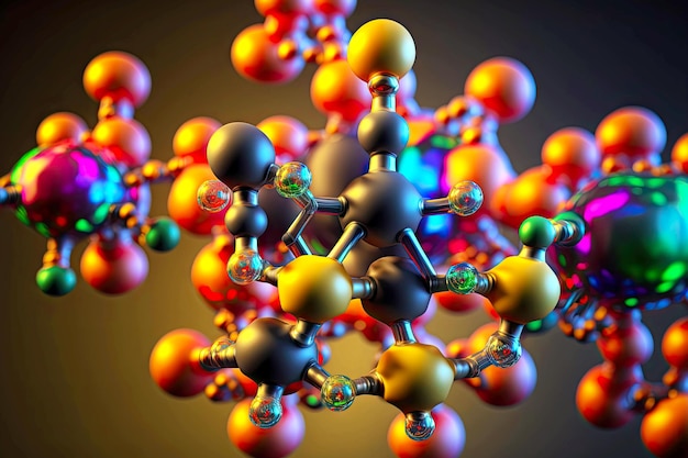 Primer plano de la molécula de estructura química que consta de esferas interrelacionadas