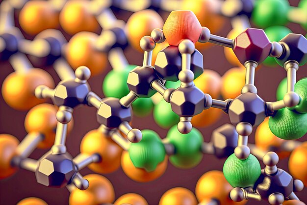 Primer plano de la molécula de modelos multicolores interconectados sobre fondo amarillo