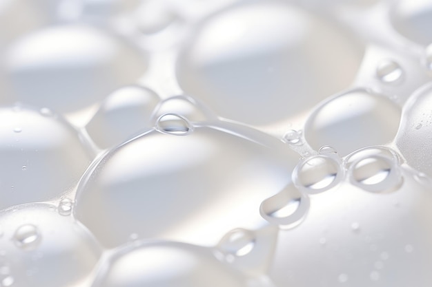 Primer plano de las moléculas de burbujas líquidas de gotas blancas transparentes