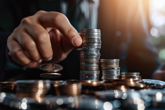 Primer plano de monedas apiladas a mano en columnas crecientes sobre un fondo oscuro