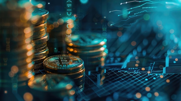 Primer plano de monedas apiladas en una placa de circuitos con superposiciones digitales