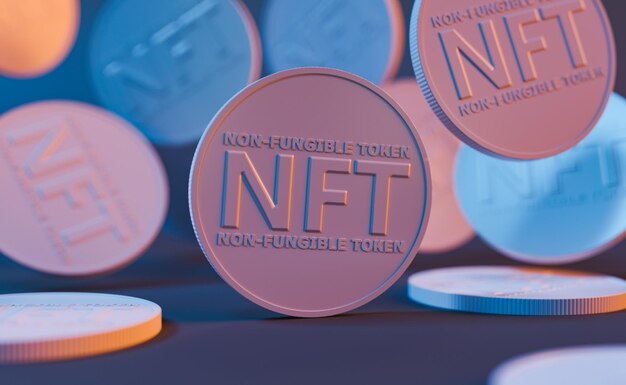 primer plano de monedas NFT desordenadas con iluminación de neón