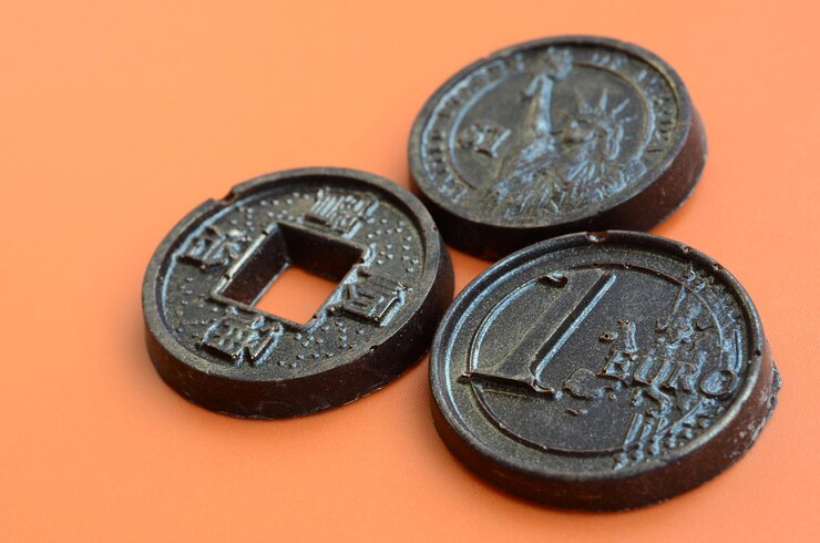 Foto primer plano de las monedas sobre un fondo naranja