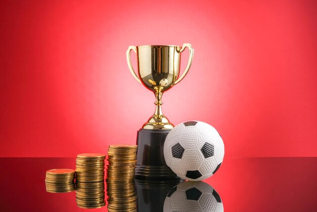 Primer plano de monedas con trofeo y pelota de fútbol contra un fondo rojo