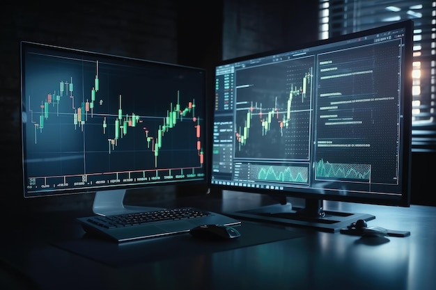 Primer plano del monitor de la computadora con un gráfico de forex brillante Concepto de comercio y finanzas Representación 3D Mercado comercial y concepto económico Generado por IA