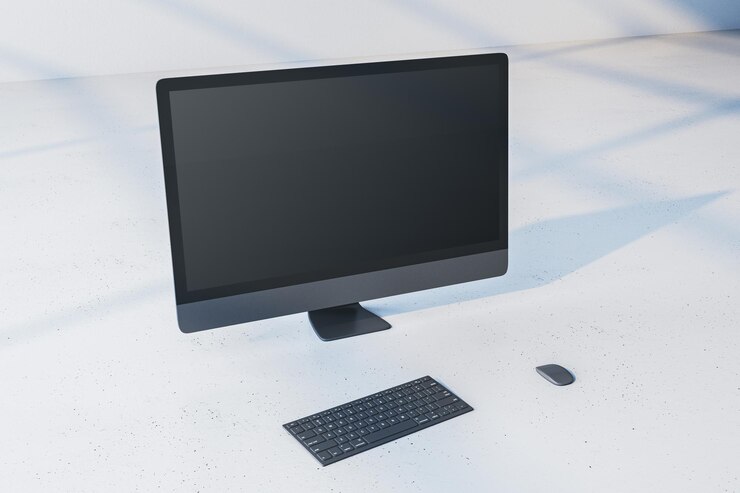Foto primer plano de un monitor de computadora simulado vacío en un fondo claro concepto de escritorio de diseñador minimalista renderización 3d