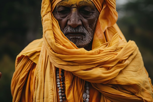 Primer plano de un monje indio tradicional con traje amarillo