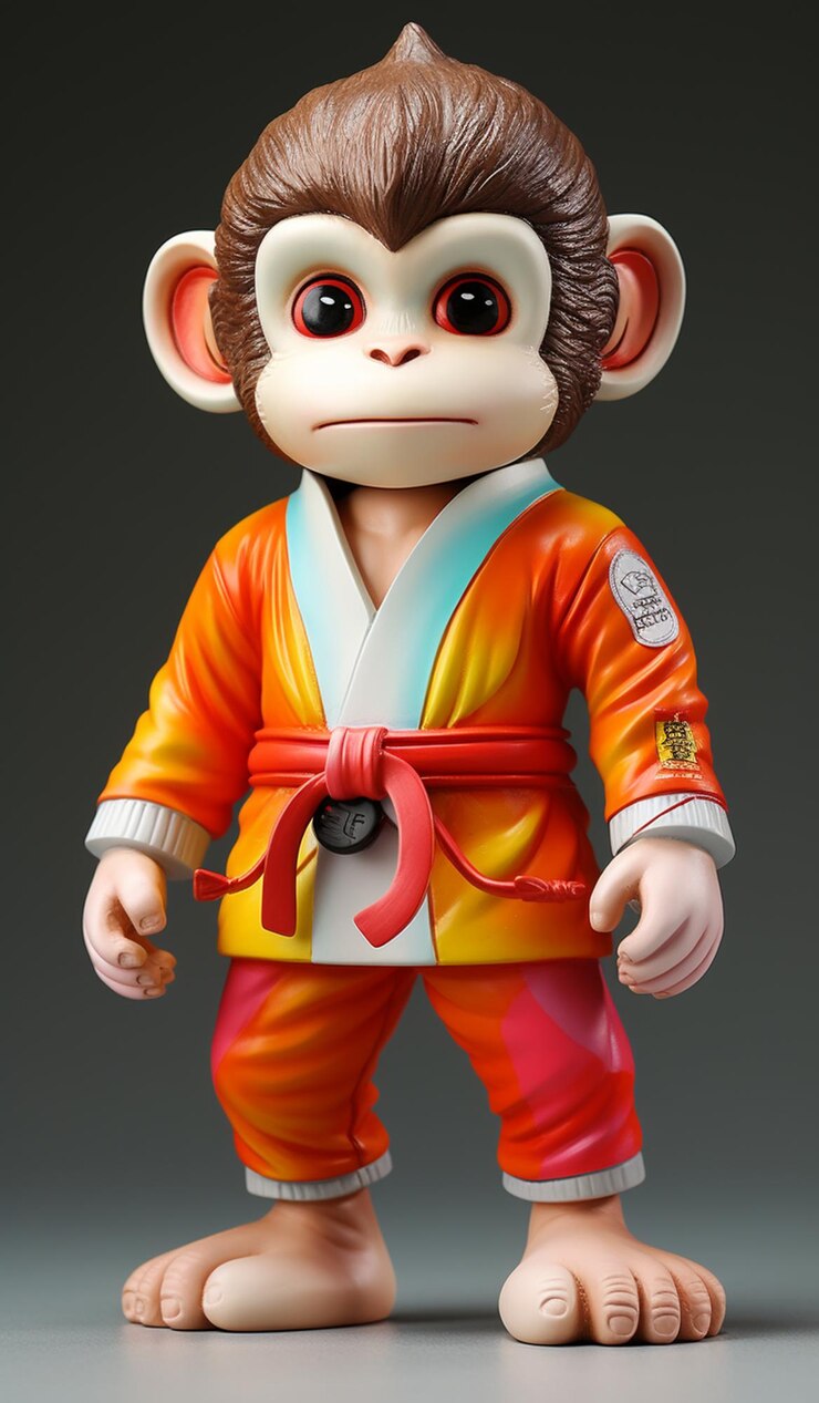 Foto un primer plano de un mono de juguete con un traje de karate ai generativo