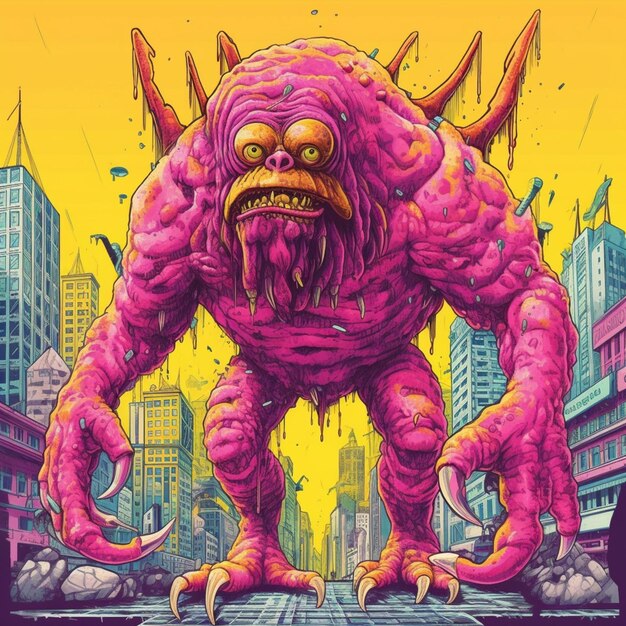 un primer plano de un monstruo de dibujos animados en una calle de la ciudad generativa ai