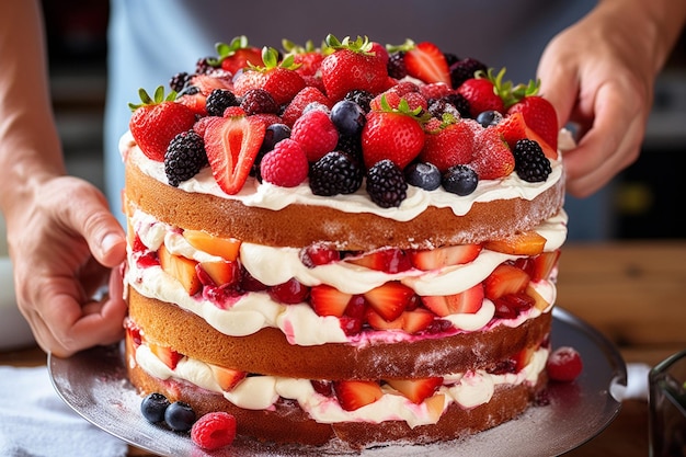 Primer plano del montaje de un pastel de capas con relleno de frutas
