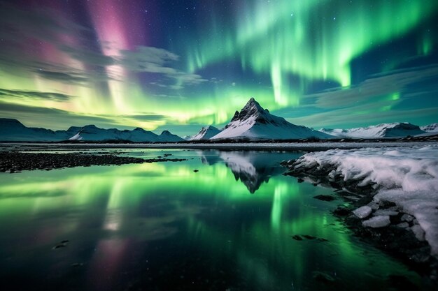 Un primer plano de una montaña con un lago y una aurora verde generativa ai