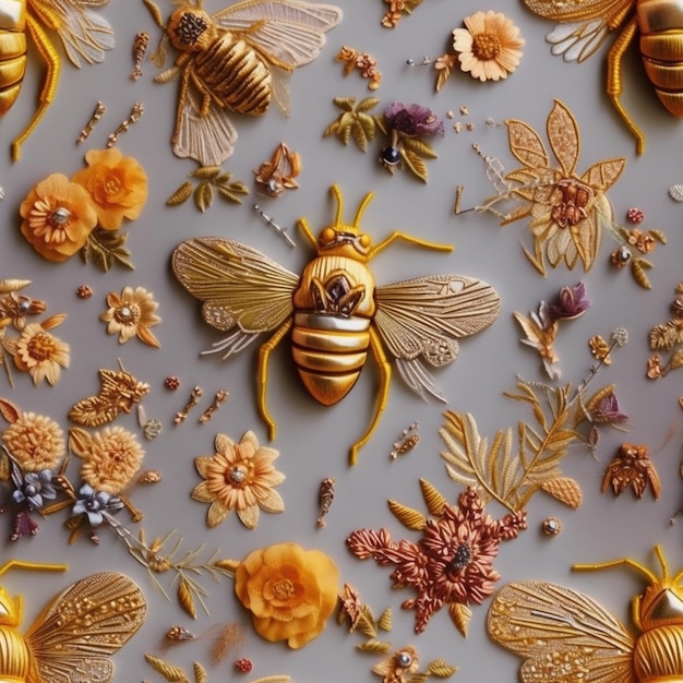 Foto un primer plano de un montón de abejas y flores sobre una mesa ai generativa