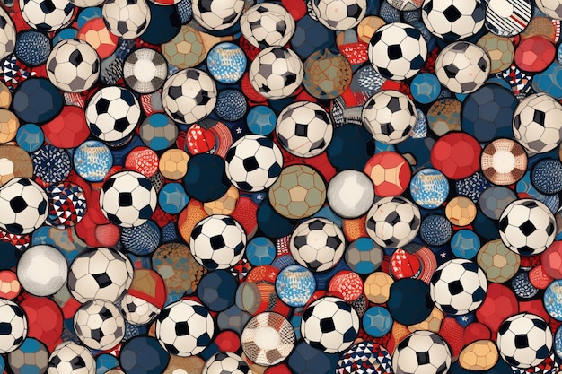 Un primer plano de un montón de balones de fútbol en una mesa generativa ai
