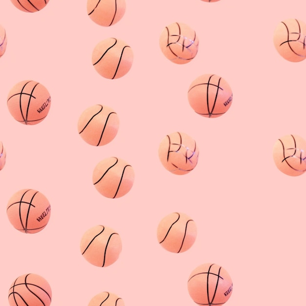 Un primer plano de un montón de bolas de baloncesto en una superficie rosa generativa ai