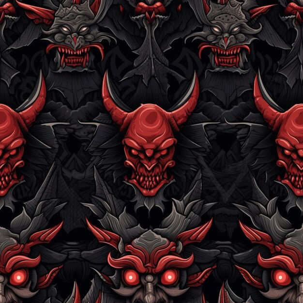 un primer plano de un montón de cabezas de diablos rojos con ojos rojos generativo ai